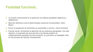 Finalidad funcional.
 La función motivacional es el potenciar los hábitos saludables higiénicos y
adaptativos.
 Reacción defensiva contra determinadas sustancias incomestibles. (Paul
Rozin)
 Evitar la aceptación de alimentos no comestibles o nocivos. (Anne Schienle)
 Función social, facilitando la aparición de las conductas apropiadas. Con este
objetivo, la expresión de asco permite a los demás predecir el
comportamiento asociado con esta emoción, lo cual tiene un indudable valor
en los procesos de relación interpersonal.
 