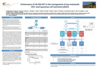 Performance	
  of	
  18-­‐FDG-­‐PET	
  in	
  the	
  management	
  of	
  non-­‐metasta8c	
  	
  
HIV+	
  anal	
  squamous	
  cell	
  carcinoma	
  (ASCC)	
  
1 N. Baba Hamed, 2 G. Deplanque, 1 R. Kassis, 1 M. Gatineau, 1 L. Staudacher, 1 I. Chaiba, 1 F. Savinelli, 1 R. Sverdlin, 1 O. Maiga, 3 JL. Marin, 4 V. de Parades, 4 N. Lemarchand, 5O. Marty, 5 D. Levoir, 6 V. Duchatelle, 7 J. Loriau,
8 E. Zerbib, 9 M. Zins, 9 I. Boulay, 1 E. Raymond
1 Department of oncology, Groupe Hospitalier Paris Saint Joseph (GHPSJ), Paris, France; 2 Department of Oncology, Hopital Riviera-Chablais, Vaud-Valais, Switzerland; 3 Department of radiation therapy, Clinique Des Peupliers, Paris, France; 4 Department of proctology, GHPSJ,
Paris, France; 5 Department of Gastro-enterology GHPSJ, Paris, France; 6 Department of Pathology GHPSJ, Paris, France; 7 Department of Surgery, GHPSJ, Paris, France;8 CIMEN, Hopital FOCH, Suresne, France, 9 Department of Radiology, GHPSJ, Paris, France
: nbaba-hamed@hpsj.fr
N	
  =	
  87	
  
N	
  =	
  24	
  
Gr	
  2	
  =	
  9	
  Gr	
  1	
  =	
  15	
  
HIV	
  +	
  
Clinical/MRI	
  staging	
  
	
  
Gr	
  1	
  
	
  
	
  
Gr	
  2	
  
	
  
All	
  pa8ents	
  N=	
  87	
  
Sexe	
  
M	
  
F	
  
	
  
14	
  
1	
  
	
  
7	
  
2	
  
	
  
34	
  
53	
  
Mean	
  age	
  (yo)	
   56	
   53	
   54(M)/65(F)	
  
Lymph	
  nodes	
  
staging	
  
Nx	
  
N0	
  
N1	
  
N2	
  
N3	
  
	
  
	
  
-­‐	
  
15	
  
-­‐	
  
-­‐	
  
-­‐	
  
	
  
	
  
-­‐	
  
-­‐	
  
5	
  
2	
  
2	
  
	
  
	
  
1	
  
56	
  
15	
  
10	
  
5	
  
Mean	
  radia<on	
  
dose	
  (Gy)	
  
63.3	
   63.9	
   63.6	
  
Exclusive	
  RT	
   5	
   0	
   15	
  
CRT	
   10	
   9	
   72	
  
CT	
  before	
  	
  CRT	
   3	
   7	
   21	
  
Gr	
  2	
  =	
  9	
  Gr	
  1	
  =	
  15	
  
Gr	
  2	
  =	
  6	
  Gr	
  1	
  =	
  12	
  
Pre	
  treatment	
  FDG-­‐PET	
  performance	
  
2	
  Downstaging	
  :	
  
	
  
-­‐  Pa8ent	
  1	
  :	
  	
  
	
  	
  	
  	
  T3N1	
  à	
  T3N0	
  
-­‐  Pa8ent	
  2	
  :	
  	
  
	
  	
  	
  	
  T3N3	
  à	
  T3N2	
  
Clinical/MRI	
  
staging	
  
N+	
   N-­‐	
  
FDG-­‐PET	
  
staging	
  
N+	
   5	
   2	
  
N-­‐	
   1	
   10	
  
FDG-­‐PET	
  sensibility	
  =	
  83%	
  
FDG-­‐PET	
  speciﬁcity	
  =	
  83%	
  
Survival proportions: Survival of Two groups
0 1 2 3 4 5 6 7
0
50
100
Years
Percentsurvival
VIH+
VIH-
p-value=0.44 (NS)
1	
  Upstaging	
  :	
  
	
  
	
  
	
  	
  T3N1	
  à	
  T3N3	
  
	
  
	
  
0	
  Downstaging	
  
	
  	
  
	
  
	
  
	
  
	
  
2	
  Upstaging	
  :	
  
	
  
-­‐  Pa8ent	
  1	
  :	
  	
  
	
  	
  	
  	
  T2N0	
  à	
  T2N2	
  
-­‐  Pa8ent	
  2	
  :	
  	
  
	
  	
  	
  	
  T2N0	
  to	
  T2N1	
  
R	
  e	
  s	
  t	
  a	
  g	
  i	
  n	
  g	
  
No	
  
modiﬁca8on	
  
	
  
	
  
	
  
1	
  modiﬁca8on	
  :	
  	
  
Switch	
  	
  
CRT	
  to	
  CT	
  
	
  
	
  
_	
  
	
  	
  
	
  
	
  
	
  
	
  
	
  
1	
  modiﬁca8on	
  :	
  
Switch	
  
	
  	
  RT	
  to	
  CRT	
  
(Pa8ent	
  1)	
  	
  
Modiﬁca8on	
  of	
  strategy	
  
CT	
  =	
  chemotherapy	
  
RT	
  =	
  exclusive	
  Radia<on	
  therapy	
  
CRT	
  =	
  Chemoradia<on	
  therapy	
  
N+	
  N-­‐	
  
N-­‐	
   N+	
  
(1)The	
  Role	
  of	
  FDG-­‐PET	
  in	
  the	
  Ini<al	
  Staging	
  and	
  Response	
  Assessment	
  of	
  Anal	
  Cancer:	
  A	
  Systema<c	
  Review	
  and	
  Meta-­‐analysis.	
  Michael	
  Jones;	
  
Ann	
  Surg	
  Oncol	
  (2015)	
  	
  
	
  
FDG-­‐PET	
  response	
  
	
  
Gr	
  1	
  
	
  
Gr	
  2	
  
Post	
  treatment	
  PET-­‐FDG	
  	
  
(4	
  months	
  aZer	
  comple8on	
  of	
  treatment)	
  
	
  
11	
  
	
  
5	
  
	
  
Complete	
  metabolic	
  response	
  
	
  
6	
  
	
  
3	
  
CT	
  =	
  chemotherapy	
  
RT	
  =	
  Radia<on	
  therapy	
  
CRT	
  :	
  Chemoradia<on	
  therapy	
  (5FU	
  +	
  Mitomycine	
  C)	
  
Anal	
  squamous	
  cell	
  carcinoma	
  (ASCC)	
  is	
  rare	
  although	
  the	
  
incidence	
   of	
   ASCC	
   has	
   been	
   increasing	
   over	
   the	
   last	
   few	
  
years,	
  especially	
  in	
  the	
  HIV+	
  populaPon.	
  This	
  is	
  largely	
  due	
  
to	
  the	
  greater	
  prevalence	
  of	
  human	
  papilloma	
  virus	
  (HPV).	
  
A	
  recent	
  meta	
  analysis	
  demonstrates	
  the	
  usefulness	
  of	
  	
  
18	
  FDG-­‐PET	
  in	
  the	
  staging	
  and	
  the	
  management	
  of	
  ASCC,	
  
showing	
  an	
  upstaging	
  in	
  15%	
  and	
  a	
  downstaging	
  in	
  15%	
  of	
  
nodal	
   diseases	
   (1).	
   Further,	
   HIV+	
   paPents	
   may	
   develop	
  
opportunisPc	
   infecPons	
   which	
   can	
   cause	
   false	
   posiPves	
  
lymph	
  nodes	
  on	
  18	
  FDG-­‐PET	
  scanning.	
  
	
  
The	
  aim	
  of	
  our	
  retrospecPve	
  study	
  is	
  to	
  asses	
  the	
  eﬀect	
  of	
  
18FDG-­‐PET	
  on	
  staging	
  and	
  treatment	
  of	
  HIV+	
  paPents	
  with	
  
non	
  metastaPc	
  ASCC	
  
Overall	
  survival	
  es8mates:	
  	
  
ABSTRACT	
  
Background	
  :	
  ASCC	
  remains	
  rare,	
  but	
  the	
  incidence	
  has	
  been	
  
increasing	
  over	
  the	
  last	
  decade,	
  especially	
  in	
  paPents	
  with	
  HIV	
  
infecPon	
  (HIV+).	
  A	
  recent	
  meta-­‐analysis	
  demonstrated	
  the	
  
usefulness	
  of	
  18FDG-­‐PET	
  in	
  iniPal	
  staging	
  and	
  response	
  assessment	
  
in	
  ASCC.	
  HIV+	
  paPents	
  may	
  develop	
  opportunisPc	
  infecPons	
  which	
  
can	
  cause	
  false	
  posiPves	
  lymph	
  nodes	
  on	
  PET	
  scanning	
  and,	
  
therefore,	
  our	
  objecPve	
  was	
  to	
  evaluate	
  performance	
  of	
  18FDG-­‐PET	
  
in	
  HIV+	
  paPents.	
  
	
  	
  
Methods	
  :	
  RetrospecPve	
  analysis	
  of	
  consecuPve	
  paPents	
  with	
  non-­‐
metastaPc	
  ASCC,	
  treated	
  in	
  our	
  insPtuPon	
  during	
  six	
  years.	
  	
  
HIV+	
  paPents	
  were	
  analyzed	
  separately	
  in	
  two	
  groups	
  according	
  to	
  
their	
  lymph	
  nodes	
  status,	
  group	
  1	
  (Gr	
  1):	
  N0,	
  group	
  2	
  (Gr	
  2):	
  N1,	
  N2,	
  
N3.	
  
	
  
Results	
  :	
  A	
  total	
  of	
  87	
  paPents	
  with	
  ASCC	
  were	
  analyzed,	
  including	
  
24	
  HIV+	
  paPents	
  (21	
  males,	
  median	
  age	
  was	
  53	
  for	
  male	
  and	
  50	
  for	
  
women).	
  There	
  were	
  15	
  paPents	
  in	
  Gr	
  1	
  and	
  9	
  in	
  Gr	
  2.	
  All	
  paPents	
  
performed	
  convenPonal	
  imaging	
  (MRI	
  and	
  CT-­‐scan).	
  In	
  Gr	
  1,	
  12/15	
  
paPents	
  had	
  18FDG-­‐PET,	
  it	
  resulted	
  in	
  upstaging	
  nodal	
  disease	
  in	
  2	
  
paPents.	
   In	
   Gr	
   2,	
   6/9	
   paPents	
   had	
   18FDG-­‐PET,	
   it	
   resulted	
   in	
  
upstaging	
  nodal	
  disease	
  in	
  1	
  paPent	
  and	
  downstaging	
  nodal	
  disease	
  
in	
   2	
   paPents.	
   Both	
   of	
   sensibility	
   and	
   speciﬁcity	
   of	
   FDG-­‐PET	
   were	
  
83%	
  in	
  our	
  HIV+	
  populaPon.	
  All	
  paPents	
  underwent	
  Mitomycine	
  C	
  
and	
   5FU	
   based	
   chemoradiaPon	
   or	
   exclusive	
   radiaPon	
   therapy.	
  
Mean	
  radiaPon	
  dose	
  received	
  was	
  63.3Gy	
  in	
  G1	
  and	
  63.9Gy	
  in	
  G2.	
  
18FDG-­‐PET	
   drives	
   a	
   modiﬁcaPon	
   in	
   treatment	
   strategy	
   in	
   only	
   1	
  
paPent	
   in	
   both	
   of	
   groups.	
   Post-­‐treatment	
   18FDG-­‐PET	
   was	
  
performed	
  4	
  months	
  aber	
  treatment	
  complePon.	
  Among	
  paPents	
  
who	
   had	
   post-­‐treatment	
   18FDG-­‐PET,	
   a	
   metabolic	
   complete	
  
response	
  was	
  observed	
  in	
  6/11	
  paPents	
  in	
  Gr	
  1	
  and	
  3/5	
  paPents	
  in	
  
Gr	
   2.	
   Survival	
   at	
   5	
   years	
   was	
   89%	
   and	
   75%	
   in	
   Gr	
   1	
   and	
   Gr	
   2,	
  
respecPvely.	
  
	
  
Conclusion	
  :	
  Based	
  on	
  our	
  experience,	
  18FDG-­‐PET	
  drives	
  substanPal	
  
changes	
  neither	
  in	
  staging	
  nor	
  in	
  therapeuPc	
  strategy	
  for	
  ASCC	
  HIV+	
  
paPents,	
  however,	
  it	
  may	
  be	
  useful	
  for	
  radiaPon	
  therapy	
  planning.	
  
	
  
RESULTS	
  PATIENTS	
  &	
  METHODS	
  
REFERENCES	
  
CONCLUSION	
  
According	
  to	
  our	
  experience,	
  in	
  HIV+	
  pa8ents	
  with	
  non	
  metasta8c	
  ASCC,	
  18FDG-­‐PET	
  :	
  
	
  
Ø  Do	
  not	
  drive	
  substan8al	
  changes	
  in	
  staging	
  
Ø  Do	
  not	
  drive	
  consequent	
  changes	
  in	
  therapeu8c	
  strategy	
  
Ø  Can	
  be	
  useful	
  for	
  therapeu8c	
  response	
  assessments	
  	
  
Ø  Can	
  be	
  useful	
  for	
  radia8on	
  therapy	
  planning	
  
	
  
OBJECTIVES	
  
 