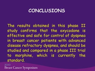CONCLUSIONS The results obtained in this phase II study confirms that the oxycodone is effective and safe for control of dyspnea in breast cancer patients with advanced disease refractory dyspnea, and should be studied and compared in a phase III trial to morphine, which is currently the standard.   