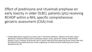 Effect of prednisone and rituximab prephase on
early toxicity in older DLBCL patients (pts) receiving
RCHOP within a NHL specific comprehensive
geriatric assessment (CGA) trial.
• Colette Ngozi Owens, Augustine Iannotta, John F. Gerecitano, Matthew J. Matasar, Ariela Noy, Craig H.
Moskowitz, Pamela Drullinsky, Maria Lia Palomba, David J. Straus, Steven M. Horwitz, Andrew David
Zelenetz, Carol S. Portlock, Anita Kumar, Paul A. Hamlin; Memorial Sloan Kettering Cancer Center, New York,
NY; Memorial Sloan Kettering Cancer Center, Englewood, NJ; Memorial Sloan Kettering Cancer Center,
Rockville Centre, NY
 