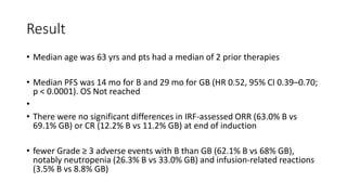 Result
• Median age was 63 yrs and pts had a median of 2 prior therapies
• Median PFS was 14 mo for B and 29 mo for GB (HR 0.52, 95% CI 0.39–0.70;
p < 0.0001). OS Not reached
•
• There were no significant differences in IRF-assessed ORR (63.0% B vs
69.1% GB) or CR (12.2% B vs 11.2% GB) at end of induction
• fewer Grade ≥ 3 adverse events with B than GB (62.1% B vs 68% GB),
notably neutropenia (26.3% B vs 33.0% GB) and infusion-related reactions
(3.5% B vs 8.8% GB)
 