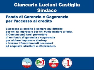Fondo di Garanzia e Cogaranzia
per l'accesso al credito
L'accesso al credito è sempre più difficile
per chi fa impresa e per chi vuole iniziare a farla.
Il Comune può farsi promotore
di un fondo di garanzia e cogaranzia
per aiutare imprese e start-up
a trovare i finanziamenti necessari
ad acquisire strutture e attrezzature.
Giancarlo Luciani Castiglia
Sindaco
 