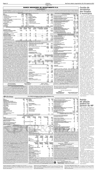 Página 12                                                                                                                                                                                                            São Paulo, sábado a segunda-feira, 28 a 30 de agosto de 2010



                                                                   BANCO INDUSCRED DE INVESTIMENTO S.A.
                                                                                                      C.N.P.J. nº 33.588.252/0001-32
                                                                                                                                                                                                                                                                         Gestão de
                                                                                                          Relatório da Diretoria
Senhores Acionistas, Em cumprimento às disposições legais e estatutárias, submetemos à apreciação de V. Sas. o Balanço Patrimonial, as demonstrações do resultado, as mutações do patrimônio líquido e as origens e aplicações
                                                                                                                                                                                                                                                                         aeroportos
de recursos, referentes aos semestres encerrados em 30 de Junho de 2010 e 2009, bem como, parecer dos auditores independentes. A diretoria está ao inteiro dispor dos Senhores Acionistas para quaisquer informações adicionais
que julgarem necessárias. São Paulo, 30 de Junho de 2010.                                                                                                                                                                                                                por estados
Ativo
                                              Balanço Patrimonial em 30 de Junho - (Em milhares de reais)
                                                            2010        2009     Passivo                                                 2010      2009
                                                                                                                                                            Demonstração do Resultado dos Semestres Findos em 30 de Junho
                                                                                                                                                                                     (Em milhares de Reais)                                                              e municípios
Circulante                                               23.374      17.959      Circulante                                               789     1.666                                                                 2010 2009
  Disponibilidades                                             98        128       Depósitos                                                  –   1.537   Receitas da Intermediação Financeira                            900     839
                                                                                                                                                                                                                                                                           Os aeroportos brasileiros
  Aplicações Interfinanceiras de Liquidez                22.620       16.597       Outras Obrigações                                       789      129    Operações de Crédito                                             20      40                                   poderão ser geridos pelos
  Operações de Crédito                                          –        306     Exigível a Longo Prazo                                 1.412       259    Resultado de operações com títulos e valores mobiliários 880           799
  Outros Créditos                                            687         928       Depósitos                                            1.254          –  Despesas da Intermediação Financeira                            (39)     (84)
                                                                                                                                                                                                                                                                         estados, pelo Distrito Federal
  (-) Prov. p/ Outros Créditos de Liquidação Duvidosa         (31)          –      Outras Obrigações                                       158      259    Operações de captação no mercado                                (39)    (84)                                  ou pelos municípios. É o que
Realizável A Longo Prazo                                     897       3.052     Patrimônio Líquido                                   22.115    19.560     Reversão/(Provisão) para créditos de liquidação duvidosa          –        –                                  prevê o projeto do deputado
  Títulos e Valores Mobiliários                                 2           2      Capital Social                                     19.000    19.000    Resultado Bruto da Intermediação Financeira                     861     755
  Outros Créditos                                            864         570       Reservas de Capital                                     423      423   Outras Receitas/Despesas Operacionais                       (2.132) (2.080)                                    Mauro Mariani (PMDB-SC),
  Outros Valores e Bens                                        31      2.480       Reservas de Lucros                                   1.370     1.279    Despesas de pessoal                                           (274) (333)                                     em tramitação na Câmara.
Permanente                                                     45        474       Lucros ou Prejuízos Acumulados                       1.322    (1.142)   Outras despesas administrativas                            (2.201) (1.876)
  Investimentos                                                 5        412                                                                               Despesas tributárias                                          (107)     (96)                                  Hoje, a gestão dos aeroportos
  Imobilizado                                                  40         62                                                                               Outras receitas operacionais                                   454     237                                    está a cargo da União, por
Total do Ativo                                           24.316       21.485     Total do Passivo                                     24.316    21.485     Outras despesas operacionais                                     (4)    (12)
         Demonstração das Mutações do Patrimônio Líquido dos Semestres Findos em 30 de Junho de 2010 e 2009 - (Em milhares de Reais)                      Resultado Operacional                                       (1.271) (1.325)                                    meio da Empresa Brasileira
                                                    Capital       Reservas     Reserva          Reserva Ajuste avaliação Lucros/prej.                     Resultado não Operacional                                    3.739      183                                    de Infraestrutura Aeropor-
                                                     Social      de Capital       Legal       de Lucros         Patrimonial Acumulados             Total  Resultado Antes da Tributação Sobre o Lucro                  2.468 (1.142)
                                                                                                                                                          Imposto de Renda e Contribuição Social                        (649)         –
                                                                                                                                                                                                                                                                         tuária (Infraero). A proposta
1º Semestre de 2010
Saldos em 31 de dezembro de 2009                     19.000             423         609              670                   –         (406)      20.296     Provisão para imposto de renda                                (401)        –                                  autoriza a União a delegar a
  Lucro líquido do exercício                               –              –            –               –                   –        1.819         1.819    Provisão para contribuição social                            (248)         –                                  exploração dos aeroportos
  Destinação do lucro líquido do exercício:                                                                                                               Lucro/Prejuizo Líquido do Período                            1.819 (1.142)
  Reserva legal                                            –              –          91                –                   –           (91)            –  Lucro ou (Prejuízo) líquido por ação - Em R$ 1,00             6,00 (3,76)                                      aos entes federados.
Saldos em 30 de junho de 2010                        19.000             423         700              670                   –        1.322       22.115                Demonstração dos Fluxos de Caixa dos Semestres                                                       Pela medida, os aeroportos
1º Semestre de 2009                                                                                                                                                     Findos em 30 de Junho - (Em milhares de Reais)
Saldo em 31 de dezembro de 2008                      19.000             423         609              692                (214)       2.842       23.352
                                                                                                                                                                                                                                                                         ficarão sujeitos ao mesmo
                                                                                                                                                          Atividades Operacionais                                       2010 2009
  Reversão de provisão                                     –              –            –             (22)                  –              –          (22)  Resultado do semestre ajustado                              1.819     (950)
                                                                                                                                                                                                                                                                         regime dos portos e rodo-
  Ajuste de título patrimonial                             –              –            –               –                 214              –         214    Depreciações/amortizações                                        13      14                                   vias federais, cuja gestão já
  Distribuição de dividendos                               –              –            –               –                   –       (2.842)       (2.842) (Aumento) Redução de Ativos
  Prejuízo do exercício                                    –              –            –               –                   –       (1.142)       (1.142)   Aplicações interfinanceiras de liquidez                    (5.214) 1.299
                                                                                                                                                                                                                                                                         pode ser delegada a estados
Saldos em 30 de junho de 2009                        19.000             423         609              670                   –       (1.142)      19.560     Títulos e valores mobiliários                                     – 1.357                                     e municípios, de acordo com
                                       Notas Explicativas às Demonstrações Contábeis - (Em milhares de Reais)                                              Operações de crédito                                           209        (2)
                                                                                                                                                           Outros créditos                                                  68 1.134
                                                                                                                                                                                                                                                                         a Lei 9277/96. A delegação,
1. Contexto Operacional: O Banco tem por objeto a prática de operações alíquotas de 15% sobre o lucro real, acrescida de adicional de 10%, e 9%,
inerentes a Banco de Investimento, ativas, passivas e acessórias e outras respectivamente, conforme previsto na legislação fiscal.                         Provisão para Outros Créditos                                   (36)       –                                  que pode durar até 50 anos,
operações e serviços permitidos pelo Banco Central do Brasil e que venham 4. Aplicações Interfinanceiras de Liquidez:                   2010       2009    Outros valores e bens                                       2.400          –                                  é formalizada por meio de
a ser autorizados, de acordo com as disposições legais e regularmente Posição bancada - NTN                                          18.949            –  (Aumento) Redução de Passivos
vigentes. 2. Apresentação: As demonstrações contábeis estão sendo Posição bancada - LTN                                                       – 12.600     Depósitos                                                        47    925                                    convênio. Os recursos resul-
apresentadas de acordo com as práticas contábeis adotadas no Brasil - Lei Aplic. em depósitos interfinanceiros - CDI não ligadas 3.671            3.997    Outras Obrigações                                              543    (901)                                   tantes da exploração dessas
n° 6.404/76, sendo adotada pela primeira vez no exercício de 2008 as alte-                                                           22.620     16.597    Caixa líquido proveniente das atividades operacionais          (151) 2.876
rações introduzidas pela Lei n° 11.638/07 e 11.941/09 e Normas e Instru- 5. Títulos e Valores Mobiliários:                              2010       2009   Atividades de Investimento                                                                                     infraestruturas, por meio de
ções do Banco Central do Brasil, através do Plano Contábil das Instituições Curto prazo                                                       –        –   Investimentos                                                  187         –                                  pedágios e outras tarifas,
Financeiras – COSIF, que estão em consonância com as práticas contábeis Longo prazo                                                                        Imobilizado                                                      (7)
previstas na legislação societária brasileira, as quais incluem estimativas Moeda de privatização                                             2        2  Caixa líquido usado nas atividades de investimento              180         –
                                                                                                                                                                                                                                                                         devem ser aplicados nos pró-
para registrar determinados ativos e passivos. Assim, as demonstrações                                                                        2        2  Atividades de financiamento                                                                                    prios portos ou rodovias.
incluem várias estimativas, como a vida útil do imobilizado, provisões para 6. Operações de Crédito                                                       Dividendos                                                         – (2.840)                                     Para Mauro Mariani, o
contingências, imposto de renda, entre outras, o que pode representar a) Classificação por nível de risco                                                 Caixa líquido usado nas atividades de financiamento                – (2.840)
variações em relação à efetiva realização. As demonstrações contábeis da                                            2010                                  Aumento Líquido em Disponibilidades                               29      36                                   projeto vai garantir melho-
empresa são de responsabilidade da administração e são elaboradas pres-                            Curso    Vencidos             Provisão para créditos Disponibilidades no início do período                               69      92                                   rias ao “saturado sistema
supondo-se a continuidade normal das operações, com observância das Nível de                      normal (a mais de Total da de liquidação duvidosa Disponibilidades no final do período                                    98    128
disposições contidas na Lei das Sociedades por Ações. 3. Principais Prá- risco . (0 a 14 dias)               15 dias) carteira          (%)        Valor Aumento do Caixa e Equivalentes de Caixa                           29      36                                   aeroportuário brasileiro”.
ticas Contábeis: a) As receitas e despesas são registradas de acordo com                               –            –         –             –           – Resultado do semestre ajustado                               1.819     (950)                                   Segundo ele, o serviço ofe-
o regime de competência, observando-se o critério pro-rata-die. b) Os ati-                             –             –        –             –           – Lucro ou (Prejuízo) líquido do semestre                      1.819 (1.142)
                                                                                                                                                                                                                                                                         recido pelos aeroportos deve
vos circulantes e realizáveis a longo prazo são demonstrados pelos valores                                          2009                                  Reversão de reservas                                               –     (22)
de realização, incluindo, quando aplicável, os rendimentos e as variações                          Curso    Vencidos             Provisão para créditos Ajuste de avaliação patrimonial                                      –    214                                    piorar nos próximos anos em
monetárias auferidas, deduzidos das respectivas rendas a apropriar e pro- Nível de                normal (a mais de Total da de liquidação duvidosa 8. Outras Obrigações:
visões para perdas. c) As operações de crédito do Banco estão pactuadas risco . (0 a 14 dias)
                                                                                                                                                                                                                   2010         2009                                     razão do aumento no número
                                                                                                             15 dias) carteira          (%)        Valor Curto prazo
às taxas normais praticadas pelo mercado. d) Os títulos classificados como AA                        306            –       306             –           – Impostos e contribuições a recolher                         65            95
                                                                                                                                                                                                                                                                         de passageiros gerado pelo
Títulos para Negociação tiveram os seus registros definidos de acordo com                            306             –      306
os seus prazos de vencimento, a valores de realização junto ao mercado. b) Composição da carteira por tipo de atividade econômica:
                                                                                                                                            –           – Outras obrigações                                          724            34                                   crescimento da economia e
                                                                                                                                                                                                                     789          129                                    por eventos esportivos como
e) Os investimentos classificados como títulos patrimoniais da Câmara de                                                                2010       2009   Longo prazo
Custódia e Liquidação - Cetip foram avaliados e ajustados pelo valor Comércio                                                                 –     306                                                                                                                  a Copa do Mundo, em 2014, e
                                                                                                                                                          Provisão para contingências                                158          259
patrimonial, não auditado, informado pela respectiva bolsa em contrapartida                                                                   –     306                                                              158          259                                    as Olimpíadas, em 2016.
à conta destacada no patrimônio líquido até a data da respectiva desmutu- c) Diversificação por tipo de operação e faixa de vencimento:
                                                                                                                                                                                                                     947          388
alização, e os incentivos fiscais pelo custo de aquisição, deduzidos de                                                                 2010       2009                                                                                                                    “A Infraero tem se esfor-
                                                                                                                                                          9. Politicas para Risco de Mercado - Risco Operacional e Risco
provisão para perdas. Com o processo de desmutualização da CETIP, o A vencer
investimento foi alienado e o resultado reconhecido como receita não Curto prazo
                                                                                                                                                          Crédito: A Política de Crédito do Banco Induscred de Investimento S/A,                                         çado para cumprir a tarefa
                                                                                                                                              –     306   tem por objetivo estabelecer diretrizes que estão relacionadas às ativida-
operacional. No primeiro semestre de 2010 foi contabilizado como receita                                                                      –     306   des das operações de créditos. a) Risco de Mercado: O Banco adota uma                                          de modernizar e ampliar os
não operacional o valor de R$ 3.739 mil. f) O ativo imobilizado é demonstra- 7. Outros Créditos:
do ao custo de aquisição, reduzido da depreciação acumulada, calculada Curto prazo
                                                                                                                                        2010       2009   política conservadora para a exposição de risco de mercado, com regras                                         aeroportos do País até a data
                                                                                                                                                          diárias para a movimentação e volume da sua carteira. b) Risco
pelo método linear, com base em taxas compatíveis com o tempo estimado Imposto de renda e contribuição social a compensar                     –        –  Operacional: Implantamos controles internos para supervisão quando das                                         de realização desses eventos.
de vida útil econômica dos bens. g) O Passivo Circulante e Exigível a Longo Títulos e créditos a receber
Prazo são demonstrados pelos seus valores originais, acrescidos dos en- (-) Provisão para devedores duvidosos
                                                                                                                                          195       935   operações contratadas, renovadas ou liquidadas; esses controles procu-                                         Essa tarefa, entretanto, tem
                                                                                                                                           (31)      (12) ram identificar riscos operacionais e monitorar as operações para não ocor-
cargos e variações monetárias incorridos, deduzidos das despesas a apro- Outros créditos                                                  491          5  rer em riscos. c) Risco de Crédito: Os riscos de créditos são determinados
                                                                                                                                                                                                                                                                         sido dificultada pela limi-
priar. As operações pós-fixadas são registradas pelo valor do principal,                                                                  655       928                                                                                                                  tação de recursos públicos
                                                                                                                                                          pela concessão de crédito que envolve aportes significativos de capital,
acrescidas dos encargos auferidos até a data do balanço. h) As provisões Longo prazo
                                                                                                                                                          centralizando uma parte de seus patrimônio líquido para esse fim. O Banco                                      federais para aplicação no
para férias e 13º salário, inclusive os encargos sociais, são reconhecidas Títulos e créditos a receber                                   449          –  mantém uma gestão criteriosa para concessão de qualquer linha de crédito
por competência mensal, segundo o período incorrido, constituídas com Devedores por depósitos em garantia                                 416       570                                                                                                                  setor. Prova disso é que a
                                                                                                                                                          cedida. 10. Patrimônio Líquido: 10.1 Capital social: O Capital social, total-
base nos direitos adquiridos pelos empregados até a data do balanço. i) A                                                                 865       570   mente subscrito e integralizado, está representado por 303.404 ações ordi-                                     grande maioria das obras
provisão para o imposto de renda e contribuição social é constituída às                                                                1.520      1.498   nárias nominativas, sem valor nominal. 10.2 Dividendos: No primeiro se-
                                                                           Diretoria                                                                      mestre de 2010 não houve a distribuição de dividendos (R$ 2.842 em                                             encontra-se ainda em fase de
               Antranik Kissajikian                                André Kissajikian                                   Moacir J. Santos                   30.06.2009). 11. Instrumentos Financeiros: Em 30 de junho de 2010 e                                            projeto ou licitação”, alerta
              Diretor Superintendente                                Diretor Executivo                             TC-CRC - 1SP111162/O-3                 2009 não havia qualquer operação em aberto no mercado de derivativos.
                                                                                                                                                                                                                                                                         o deputado. Segundo ele, a
              PARECER DOS AUDITORES INDEPENDENTES                                    considerando a relevância dos saldos, o volume de transações e os siste-               ções, os seus fluxos de caixa e as mutações de seu patrimônio líquido                        delegação a estados e muni-
Ilmos. Srs. Diretores do BANCO INDUSCRED DE INVESTIMENTO S. A.                       mas contábil e de controles internos da Instituição; b) a constatação, com             referentes aos semestres findos naquelas datas, de acordo com as práti-
1. Examinamos os balanços patrimoniais do Banco Induscred de Investi-                base em testes, das evidências e dos registros que suportam os valores e               cas contábeis adotadas no Brasil aplicáveis às instituições autorizadas a
                                                                                                                                                                                                                                                                         cípios poderá garantir uma
mento S.A., levantados em 30 de junho de 2010 e de 2009, e as respecti-              as informações contábeis divulgados; e c) a avaliação das práticas e das               funcionar pelo Banco Central do Brasil.                                                      gestão de “maior sucesso”.
vas demonstrações do resultado, dos fluxos de caixa e das mutações do                estimativas contábeis mais representativas adotadas pela Administração                                                                                                              A proposta terá análise em
patrimônio líquido correspondentes aos semestres findos naquelas datas,              da Instituição, bem como da apresentação das demonstrações financeiras                                          São Paulo, 30 de julho de 2.010
elaborados sob a responsabilidade de sua Administração. Nossa responsa-              tomadas em conjunto. 3. Em nossa opinião, as demonstrações financeiras                                                                                                              caráter conclusivo nas comis-
bilidade é a de expressar uma opinião sobre essas demonstrações financei-            acima referidas representam adequadamente, em todos os aspectos rele-                                BINAH SP
                                                                                                                                                                                   Auditores Independentes                      Isidério Deusdado Fernandes              sões de Viação e Transportes;
ras. 2. Nossos exames foram conduzidos de acordo com as normas brasi-                vantes, a posição patrimonial e financeira do Banco Induscred de Investi-
leiras de auditoria e compreenderam: a) o planejamento dos trabalhos,                mento S.A. em 30 de junho de 2010 e de 2009, o resultado de suas opera-                        CRC 2SP 009.597/O-8                            CRC CT 1SP 165.075/O-2                de Finanças e Tributação;
                                                                                                                                                                                                                                                                         e de Constituição e Justiça
                                                                                  CP & FRIZZO Distribuidora de Títulos e Valores Mobiliários Ltda.
                                                                                                                                                                                                                                                                         (Ag.Câmara).
                                                                                                              CNPJ(MF) nº 62.264.924/0001-52
                                       Balanços Patrimoniais encerrados em 30 de junho de 2010 e 2009 (Valores em R$ mil)                                                      Demonstração dos Resultados em 30/06/2010 e 2009 (Valores em R$ mil)
Ativo                                                          2010      2009 Passivo                                                                  2010       2009                                                                   2010    2009
Circulante
Disponibilidades
                                                              1.353
                                                                 33
                                                                        1.463 Circulante
                                                                           12 Depósitos
                                                                                                                                                        113
                                                                                                                                                         20
                                                                                                                                                                   215
                                                                                                                                                                    81
                                                                                                                                                                            Receitas de intermediação financeira
                                                                                                                                                                             Resultado de operações com títulos e valores mobiliários
                                                                                                                                                                                                                                           120
                                                                                                                                                                                                                                           120
                                                                                                                                                                                                                                                   104
                                                                                                                                                                                                                                                   104
                                                                                                                                                                                                                                                                         Pedido
Aplicações interfin. de liquidez
 Aplicações em depósitos interfinanceiros
TVM e instrum. financ. derivativos (90 dias)
                                                                  –
                                                                  –
                                                                472
                                                                           70
                                                                           70
                                                                            –
                                                                                 Outros depósitos                                                        20         81      Resultado bruto da intermediação financeira
                                                                                                                                                                            Outras receitas/despesas operacionais
                                                                                                                                                                             Receitas de prestação de serviços
                                                                                                                                                                                                                                           120
                                                                                                                                                                                                                                          (154)
                                                                                                                                                                                                                                           255
                                                                                                                                                                                                                                                   104
                                                                                                                                                                                                                                                  (197)
                                                                                                                                                                                                                                                   175
                                                                                                                                                                                                                                                                         de adoção
 Carteira própria
TVM e instrum. financ. derivativos (acima)
 Carteira própria
                                                                472
                                                                760
                                                                760
                                                                            – Outras Obrigações
                                                                        1.093
                                                                        1.093
                                                                                 Fiscais e previdenciárias
                                                                                 Negociação e intermediação de valores
                                                                                                                                                          93
                                                                                                                                                          33
                                                                                                                                                           2
                                                                                                                                                                    134
                                                                                                                                                                     63
                                                                                                                                                                      1
                                                                                                                                                                             Despesas de pessoal
                                                                                                                                                                             Outras despesas administrativas
                                                                                                                                                                             Despesas tributárias
                                                                                                                                                                                                                                          (217)
                                                                                                                                                                                                                                          (159)
                                                                                                                                                                                                                                           (34)
                                                                                                                                                                                                                                                  (165)
                                                                                                                                                                                                                                                  (181)
                                                                                                                                                                                                                                                   (27)
                                                                                                                                                                                                                                                                         poderá ter
Outros créditos
 Rendas a receber
 Diversos
                                                                 88
                                                                 46
                                                                 42
                                                                          288
                                                                           49
                                                                          239
                                                                                 Diversas                                                                 58         70      Outras receitas operacionais
                                                                                                                                                                            Resultado operacional
                                                                                                                                                                            Resultado não operacional
                                                                                                                                                                                                                                             1
                                                                                                                                                                                                                                           (34)
                                                                                                                                                                                                                                            84
                                                                                                                                                                                                                                                     1
                                                                                                                                                                                                                                                   (93)
                                                                                                                                                                                                                                                   233
                                                                                                                                                                                                                                                                         parecer do MP
Não circulante                                                   48        62 Patrimônio líquido                                                       1.288      1.310     Resultado antes da tributação sobre o lucro e participações     50     140                      Em análise na Câmara, o
Investimentos                                                     2         3    Capital:                                                                730        730     Imposto de renda e contribuição social                         (16)    (44)
 Outros investimentos                                             2         3    De Domiciliados no país                                                 730        730      Provisão para Imposto de renda                                 (8)    (23)
                                                                                                                                                                                                                                                                         projeto do deputado Antônio
Imobilizado de uso                                               39        49    Reservas de capital                                                     395        395      Provisão para Contribuição Social                              (8)    (21)                  Roberto (PV-MG), exige dos
 Outras imobilizações de uso                                     70        69    Reservas de lucros                                                      101         21     Lucro líquido (prejuízo) do período                             34      96
 (Depreciações acumuladas)                                      (31)      (20)   Lucros acumulados                                                        62        164     Nº de cotas.:                                              100.000 100.000                   postulantes à adoção residen-
Diferido                                                          7        10                                                                                               Lucro/(Prejuízo) por cota – R$                                0,34    0,96
 Gastos de organização e expansão                                17        17
                                                                                                                                                                                                                                                                         tes no Brasil a apresentação
                                                                                                                                                                                        Demonstração dos Fluxos de Caixa pelo Método Indireto
 (Amortização acumulada)                                        (10)       (7)
                                                                                                                                                                                                 em 30/06/2010 e 2009 (Valores em R$ mil)                                de parecer favorável do
Total do ativo                                                1.401     1.525 Total do passivo e patrimônio líquido                                    1.401      1.525
                                              Demonstrações das Mutações do Patrimônio Líquido (Valores em R$ mil)
                                                                                                                                                                                                                                          2010                 2009      órgão do Ministério Público
                                                                                                                                                                            Fluxos de caixa das atividades operacionais
                                                                Período de 01/01/10 a 30/06/10                                                                               Lucro líquido (prejuízo) do semestre/exercício                 34                    96     estadual com competência
                                                             Capital        Aumento           Reservas      Reservas                    Lucros ou prej.                      Depreciações e amortizações                                     6                     6
Eventos                                                   realizado        de capital        de capital     de lucros                     acumulados             Total                                                                      40                   102
                                                                                                                                                                                                                                                                         criminal. O projeto também
Saldos no início do período em 01/01/10                         729                 1              395             101                              68           1.294      Variação de Ativos e Obrigações                                349                   (42)    explicita que, no pedido ini-
 Dividendos intermediários                                         –                –                –               –                             (40)            (40)      (Aumento) redução em TVM instrumentos derivativos (acima)     307                    18
 Lucro líquido (prejuízo) do período                              –                 –                –               –                              34              34       (Aumento) redução de outros créditos                           19                  (241)    cial de adoção, as certidões
Saldos no fim do período em 30/06/10                            729                 1              395             101                              62           1.288       Aumento (redução) em depósitos                                 20                    81
Mutações do período:                                              –                 –                –               –                              (6)             (6)      Aumento (redução) em outras obrigações                          3                   100
                                                                                                                                                                                                                                                                         negativas de distribuição
                                                                Período de 01/01/09 a 30/06/09                                                                               Caixa líquido proveniente das atividades operacionais         389                    60     cível e criminal deverão ser
Saldos no início do período em 01/01/09                         729                 1              395              21                               68          1.214      Fluxos de caixa das atividades de investimento
 Lucro líquido (prejuízo) do período                              –                 –                –               –                               96             96      Alienações de:                                                                               em níveis estadual e federal
Saldos no fim do período em 30/06/09                            729                 1              395              21                              164          1.310       Investimentos                                                   –                     8
Mutações do período:                                              –                 –                –               –                               96             96       Imobilizado de uso                                              1                     –
                                                                                                                                                                                                                                                                         e relativas aos locais em que
                                   Notas Explicativas às Demonstrações Contábeis em 30 de junho de 2010 e 2009 (Valores em R$ mil)                                          Inversões em:                                                                                os interessados moraram nos
                                                                                                                                                                             Imobilizado de uso                                             (1)                    –
1. Contexto operacional – A Distribuidora intermedia a compra e venda de Valores                                                                          2010      2009    Caixa líquido usado nas atividades de investimento               –                     8     últimos cinco anos.
Mobiliários, por conta própria e de terceiros. 2. Apresentação das demonstrações Disponibilidades                                                           33         12   Fluxos de caixa das atividades de financiamento
contábeis – As demonstrações contábeis foram elaboradas com observância das Caixa                                                                            1          –    Dividendos/Lucros pagos/propostos                             (40)                    –        Atualmente, o Estatuto da
disposições contidas na Lei das Sociedades por Ações e das normas e instruções do Depósitos Bancários                                                       32         12
Banco Central do Brasil – BACEN. A Distribuidora está adotando a Lei nº 11.638/07 Aplicações Interfinanceiras de Liquidez                                    –         70
                                                                                                                                                                            Caixa líquido usado nas atividades de financiamento            (40)                    –     Criança e do Adolescente
                                                                                                                                                                            Aumento líquido de caixa e equivalentes de caixa               349                    68
e a Lei 11.941/09 em suas Demonstrações Contábeis. Destacamos que a adoção Aplicações em depósitos interfinanceiros                                          –         70   Caixa e equivalentes de caixa no início do período             156                    14     (ECA) já exige as certidões
inicial das referidas leis, não apresentaram impactos relevantes nas Demonstrações Títulos e Valores Mobiliários                                           472          –   Caixa e equivalentes de caixa no fim do período                505                    82
Contábeis da Distribuidora, considerando que as principais alterações, que afetam as Certificado de Depósito Bancário                                      374          –                                                                                                de antecedentes criminais e
operações, já vinham sendo adotadas em virtude das normas contábeis já existentes Letras de câmbio                                                          98          –   possibilidade de perdas resultante de erros humanos ou deficiências em controles
emanadas pelo BACEN. Destacamos a seguir as principais modificações introduzidas Total Caixa e equivalente de caixa                                        505         82   e de monitoramento de processos. A Gestão de Risco Operacional da Distribuidora              de distribuição cível, além do
pelos normativos em referência: (i) As operações realizadas pela Distribuidora já 4. TVM e instrumentos financeiros derivativos – a) Os valores de custo atualizado         encontra-se atualmente sob a responsabilidade do diretor de controles internos e risco
                                                                                                                                                                            que tem com objetivo principal coordenar a identificação, avaliação e monitoramento
                                                                                                                                                                                                                                                                         preenchimento dos seguintes
estão apresentadas pelos valores representativos da época de sua realização, pois da carteira de títulos e valores mobiliários, comparados com os respectivos valores
as operações ativas e passivas pré-fixadas estão ajustadas a valor presente pela de mercado, estão assim demonstrados:                                                      dos riscos operacionais, para atendimento ao disposto na Resolução nº 3.380 do Banco         requisitos para a adoção por
existência das contas de rendas a apropriar e despesas a apropriar que ajustam essas                            Valor do        Valor de        Valor do        Valor de    Central do Brasil e Basiléia 2. Outrossim, o gestor de cada processo é responsável
operações aos valores que seriam obtidos na realização como se fossem operações                                    Custo        Mercado            Custo        Mercado     pelo controle e mitigação daqueles riscos supervisionado pelo diretor responsável.           quem vive no Brasil:
à vista, bem como para as obrigações sujeitas a variações pós-fixadas, que são                                30/06/2010      30/06/2010      30/06/2009      30/06/2009    10. Risco de mercado – O gerenciamento de risco de mercado é efetuado de forma
                                                                                                                                                                            centralizada, por área administrativa, que mantém independência com relação à mesa
                                                                                                                                                                                                                                                                         - qualificação completa; -
realizadas pelo valor à vista e tem os respectivos valores atualizados periodicamente CDB                          1.027           1.027              941             941
pelas taxas das operações. Desta forma, o Ajuste a Valor Presente para as operações Debentures                         68             68               62              62   de operações. A Instituição se encontra apta a atender as exigências da Resolução            dados familiares; - cópias
ativas e passivas de longo prazo, bem como para as operações de curto prazo não Letras de câmbio                     137             137               90              90   CMN 3.464/07 que trata da estrutura de gerenciamento do risco de mercado, nos
ocasionou ajustes para a Distribuidora; (ii) O ativo diferido fica restrito às despesas Total                      1.232           1.232           1.093           1.093    prazos estabelecidos. 11. Ouvidoria – O componente organizacional de Ouvidoria               autenticadas de certidão de
pré-operacionais e aos gastos incrementais de reestruturação; (iii) A demonstração b) Classificação por vencimentos:                                                        encontra-se em funcionamento e a sua estrutura atende às disposições estabelecidas
                                                                                                                                                                            na Resolução CMN 3.849, de 25 de março de 2010.
                                                                                                                                                                                                                                                                         nascimento ou casamento, ou
das Origens e Aplicações de Recursos deixou de ser exigida, e em seu lugar está                                   Títulos                          Títulos
sendo apresentada a Demonstração dos Fluxos de Caixa. 3. Resumo das principais                           mantidos até o Títulos para mantidos até o Títulos para                                              A Diretoria
                                                                                                                                                                                                                                                                         declaração relativa ao perío-
práticas contábeis – a) Apuração de resultado: O regime de apuração do resultado                             vencimento negociação            vencimento negociação                         Reinaldo Dantas – Contador CRC 1SP 110.330/O-6                               do de união estável; - cópias
é o de competência. b) Aplicações Interfinanceiras de Liquidez: São registrados                               30/06/2010     30/06/2010        30/06/2009     30/06/2009
pelo valor de aquisição, acrescidos dos rendimentos auferidos até a data do balanço. CDB                              670           357                810            131                         Parecer dos Auditores Independentes                                    da cédula de identidade e ins-
c) Títulos e valores mobiliários: A Distribuidora adotou como estratégia de atuação Debêntures                         68              –                 –             62   Ilmos. Senhores Diretores e Cotistas da
adquirir títulos e valores mobiliários com o propósito de mantê-los até o vencimento Letras de câmbio                  99            38                 89              1   CP & FRIZZO Distribuidora de Títulos e Valores Mobiliários Ltda.                             crição no CPF; - comprovante
e para negociação. d) Outros investimentos: Estão representados substancialmente Total                                837           395                899            194   São Paulo SP                                                                                 de renda e domicílio; e
por ações da CETIP S/A. e) Imobilizado de uso/ Diferido: O imobilizado de uso está 5. Composição de saldos relevantes                                                       1. Examinamos os balanços patrimoniais da CP & FRIZZO Distribuidora de Títulos
contabilizado ao custo de aquisição e a depreciação foi calculada pelo método linear, Outros créditos                                                     2010      2009    e Valores Mobiliários Ltda., levantados em 30 de junho de 2010 e 2009, e as respec-          - atestados de sanidade física
com base em parâmetros e taxas estabelecidos pela legislação tributária, sendo de Curto prazo                                                               88        288   tivas demonstrações do resultado, das mutações do patrimônio líquido e dos fluxos
20% a.a. para “Sistema de Processamento de Dados”, e de 10% a.a. para as demais Rendas a receber                                                            46         49   de caixa correspondentes aos semestres findos naquelas datas, elaboradas sob a               e mental.
contas. O diferido está representado por “Gastos com aquisições de desenvolvimento Imposto de renda a compensar
de logiciais e Benfeitorias em imóveis de terceiros” sendo amortizado a alíquota de Devedores por compra de valores e bens
                                                                                                                                                            15
                                                                                                                                                             –
                                                                                                                                                                        9
                                                                                                                                                                      230
                                                                                                                                                                            responsabilidade de sua administração. Nossa responsabilidade é a de expressar uma              Embora reconheça a im-
                                                                                                                                                                            opinião sobre essas demonstrações contábeis. 2. Nossos exames foram conduzidos
20% ao ano. f) Provisão para Imposto de Renda e Contribuição Social: A provisão Devedores por depósito em garantia                                          27          –   de acordo com as normas de auditoria aplicáveis no Brasil, e compreenderam: (a)              portância do ECA, Antônio
para o imposto de renda foi constituída à alíquota de 15% do lucro tributável, acres- Outras obrigações                                                                     o planejamento dos trabalhos, considerando a relevância dos saldos, o volume de
cida de adicional de 10% sobre os lucros que excederem R$ 240 no ano. A provisão Fiscais e Previdenciárias – curto prazo                                    33         63   transações e o sistema contábil e de controles internos da Instituição; (b) a constatação,
                                                                                                                                                                                                                                                                         Roberto argumenta ser neces-
para contribuição social é calculada à alíquota de 15%, após efetuados os ajustes Provisão para imposto de renda
determinados pela legislação fiscal. g) Contingências: Os passivos contingentes Impostos e contribuições a recolher
                                                                                                                                                            16
                                                                                                                                                            17
                                                                                                                                                                       44
                                                                                                                                                                       19
                                                                                                                                                                            com base em testes, das evidências e dos registros que suportam os valores e as              sário aprimorar a lei. Segundo
                                                                                                                                                                            informações contábeis divulgados; e (c) a avaliação das práticas e das estimativas
são reconhecidos quando, baseado na opinião de assessores jurídicos, for conside- Diversas – curto prazo                                                    58         70   contábeis mais representativas adotadas pela administração da Instituição, bem como          ele, “é imprescindível que a
rado provável o risco de perda de uma ação judicial ou administrativa, gerando uma Provisão para pagamentos a efetuar                                       30         70   da apresentação das demonstrações contábeis tomadas em conjunto. 3. Em nossa
provável saída de recursos para a liquidação das obrigações e quando os montantes Credores diversos – País                                                  28          –   opinião, as demonstrações contábeis acima referidas representam adequadamente,
                                                                                                                                                                                                                                                                         idoneidade dos postulantes
envolvidos forem mensuráveis com suficiente segurança. Os ativos contingentes são 6. Capital social – O capital social está representado por 100.000 quotas, totalmente
reconhecidos quando a administração possui total controle da situação ou quando integralizadas na data do balanço, por cotistas domiciliados no país. No semestre
                                                                                                                                                                            em todos os aspectos relevantes, a posição patrimonial e financeira da CP & FRIZZO           à adoção seja comprovada”.
                                                                                                                                                                            Distribuidora de Títulos e Valores Mobiliários Ltda. em 30 de junho de 2010 e 2009,
há garantias reais ou decisões judiciais favoráveis, sobre as quais não cabem mais encerrado em 30 de junho de 2010, foram distribuídos lucros no montante de R$ 40.        o resultado de suas operações, as mutações de seu patrimônio líquido e seus fluxos           A proposta terá análise
recursos. h) Caixa e equivalente de caixa: Caixa e equivalente de caixa são represen- 7. Juros de capital próprio – Nos semestres encerrados em 30 de junho de 2010         de caixa correspondentes aos semestres findos naquelas datas, de acordo com as
tados por disponibilidades em moeda nacional, aplicações interfinanceiras de liquidez e 2009 não foram pagos juros sobre Capital Próprio, conforme faculta o artigo 9º      práticas contábeis adotadas no Brasil.
                                                                                                                                                                                                                                                                         conclusiva das comissões de
e aplicações em títulos e valores mobiliários, cujo vencimento das operações na data da Lei nº 9.249/95. 8. Contingências – As declarações de renda dos últimos cinco
de efetiva aplicação seja igual ou inferior a 90 dias e apresentam risco insignificante exercícios estão sujeitas à revisão e aprovação pelas autoridades fiscais. Outros
                                                                                                                                                                                                      São Paulo, 22 de julho de 2010                                     Seguridade Social e Família;
                                                                                                                                                                                       Veneziani Auditores Independentes – CRC 2SP 13.744/O-1
de mudança de valor justo, que são utilizados pela Distribuidora para gerenciamento impostos e contribuições permanecem sujeitas à revisão e aprovação pelos órgãos                      Sidney Rey Veneziani – Contador CRC 1SP 061.028/O-1                             e de Constituição e Justiça
de seus compromissos de curto prazo.                                                    competentes por períodos variáveis de tempo. 9. Risco operacional – Definido como                 Valdecir de Oliveira – Contador CRC 1SP 174.801/O-1                            (Ag.Câmara).
TROIANO INDÚSTRIA E COMÉRCIO DE FERRO E AÇO LTDA EPP. torna público que                                REGINALDO TELLINI FERRAMENTARIA. torna público que recebeu da CETESB a Licença                              AUTO POSTO RRM EIRAS GARCIA LTDA. torna público que recebeu da CETESB a
recebeu da CETESB a Licença Prévia nº 30002069 e requereu a Licença de Instalação                      Prévia e de Instalação nº 30000597 e requereu a Licença de Operação para Moldes,                            Licença Prévia nº 45001321 e requereu a Lic. de Instalação p/ Com. Varejista de Com-
para Serviço de Corte de Metais, sito à Rua Professor Ulisses Lemos Torres, 455. Vila                  Modelos, Matrizes e Estampos de Metal para fins industriais, sito à Rua Bacairis, nº 263.                   bustíveis e Lubrif., sito à Av. Eng. Heitor Antonio Eiras Garcia, 4.033. Vl. Helena. Cep:
Nova York. São Paulo/SP.                                                                               Vila Formosa. São Paulo/SP.                                                                                 05564-100. São Paulo/SP.
 