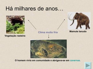 Há milhares de anos… Clima muito frio Vegetação rasteira Mamute lanudo O homem vivia em comunidade e abrigava-se em  cavernas . 
