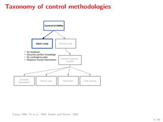 Taxonomy of control methodologies
Open Loop Closed Loop
Certainty
Equivalent
Worst case Stochastic Risk-averse
Control of DWNs
● No feedback
● Assumes perfect knowledge
● No contingency plan
● Requires human intervention Model Predictive
Control
Creasy 1998; Yu et al., 1994; Zessler and Shamir, 1989
8 / 89
 