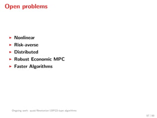 Open problems
Nonlinear
Risk-averse
Distributed
Robust Economic MPC
Faster Algorithms
Ongoing work: quasi-Newtonian LBFGS-type algorithms
87 / 89
 
