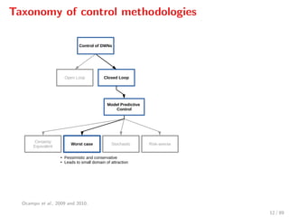 Taxonomy of control methodologies
Open Loop Closed Loop
Certainty
Equivalent
Worst case Stochastic Risk-averse
Control of DWNs
● Pessimistic and conservative
● Leads to small domain of attraction
Model Predictive
Control
Ocampo et al., 2009 and 2010.
12 / 89
 
