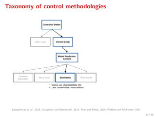 Taxonomy of control methodologies
Open Loop Closed Loop
Certainty
Equivalent
Worst case Stochastic Risk-averse
Control of DWNs
● Makes use of probabilistic info
● Less conservative, more realistic
Model Predictive
Control
Sampathirao et al., 2014; Goryashko and Nemirovski, 2014; Tran and Brdys, 2009, Watkins and McKinney, 1997
13 / 89
 