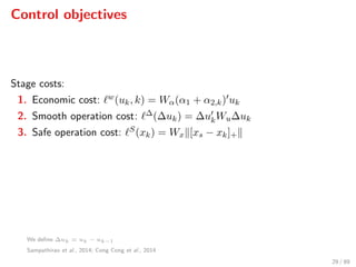 Control objectives
Stage costs:
1. Economic cost: w(uk, k) = Wα(α1 + α2,k) uk
2. Smooth operation cost: ∆(∆uk) = ∆ukWu∆uk
3. Safe operation cost: S(xk) = Wx [xs − xk]+
We deﬁne ∆uk = uk − uk−1
Sampathirao et al., 2014; Cong Cong et al., 2014
29 / 89
 