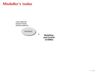 Modoller’s todos
Modelling
and Control
of DWNs
PHYSICALPHYSICAL
mass balances
pressure drops
chlorine balances
2 / 89
 
