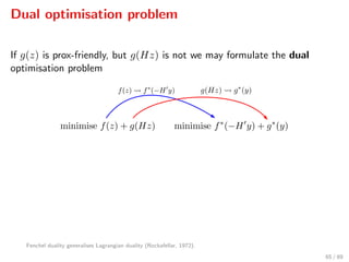 Dual optimisation problem
If g(z) is prox-friendly, but g(Hz) is not we may formulate the dual
optimisation problem
Fenchel duality generalises Lagrangian duality (Rockafellar, 1972).
65 / 89
 
