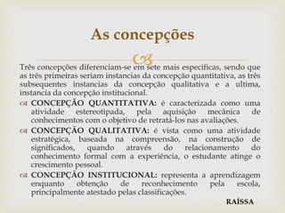 Três concepções diferenciam-se em sete mais especificas, sendo que
as três primeiras seriam instancias da concepção quantitativa, as três
subsequentes instancias da concepção qualitativa e a ultima,
instancia da concepção institucional.
 CONCEPÇÃO QUANTITATIVA: é caracterizada como uma
atividade estereotipada, pela aquisição mecânica de
conhecimentos com o objetivo de retratá-los nas avaliações.
 CONCEPÇÃO QUALITATIVA: é vista como uma atividade
estratégica, baseada na compreensão, na construção de
significados, quando através do relacionamento do
conhecimento formal com a experiência, o estudante atinge o
crescimento pessoal.
 CONCEPÇÃO INSTITUCIONAL: representa a aprendizagem
enquanto obtenção de reconhecimento pela escola,
principalmente atestado pelas classificações.
As concepções
RAÍSSA
 