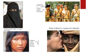 Mulher usando burka – o corpo
escondido.
Indígenas:
o corpo
como
parte da
natureza.
Indígena: o
corpo como
símbolo de
escrita e
símbolos.
Preto e Branco: corpos em relação.
 