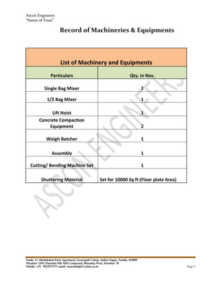 Ascon Engineers
“Name of Trust”
Nasik- 11, Shrilakshmi Park Apartment, Geetanjali Colony, Indira Nagar, Nashik, 422009
Mumbai- 2103, Pannalal Silk Mill Compound, Bhandup West, Mumbai- 78
Mobile: +91 9922973777 email: sonarabhijit@yahoo.co.in Page 9
Record of Machineries & Equipments
List of Machinery and Equipments
Particulars Qty. in Nos.
Single Bag Mixer 2
1/2 Bag Mixer 1
Lift Hoist 1
Concrete Compaction
Equipment 2
Weigh Batcher 1
Assembly 1
Cutting/ Bending Machine Set 1
Shuttering Material Set for 10000 Sq ft (Floor plate Area)
 