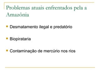 Problemas atuais enfrentados pela a 
Amazônia 
 Desmatamento ilegal e predatório 
 Biopirataria 
 Contaminação de mercúrio nos rios 
 