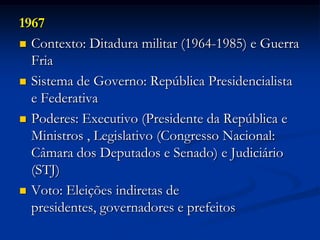 1967
 Contexto: Ditadura militar (1964-1985) e Guerra
Fria
 Sistema de Governo: República Presidencialista
e Federativa
 Poderes: Executivo (Presidente da República e
Ministros , Legislativo (Congresso Nacional:
Câmara dos Deputados e Senado) e Judiciário
(STJ)
 Voto: Eleições indiretas de
presidentes, governadores e prefeitos
 