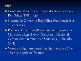 1988
 Contexto: Redemocratização do Brasil – Nova
República (1985-hoje)
 Sistema de Governo: República Presidencialista
e Federativa
 Poderes: Executivo (Presidente da República e
Ministros , Legislativo (Congresso Nacional:
Câmara dos Deputados e Senado) e Judiciário
(STJ)
 Voto: Sufrágio universal, facultativo entre 16 e
18 anos e após os 70 anos
 