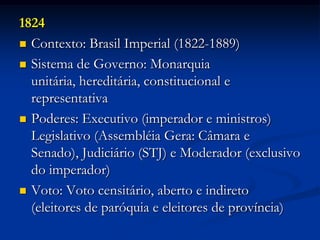1824
 Contexto: Brasil Imperial (1822-1889)
 Sistema de Governo: Monarquia
unitária, hereditária, constitucional e
representativa
 Poderes: Executivo (imperador e ministros)
Legislativo (Assembléia Gera: Câmara e
Senado), Judiciário (STJ) e Moderador (exclusivo
do imperador)
 Voto: Voto censitário, aberto e indireto
(eleitores de paróquia e eleitores de província)
 