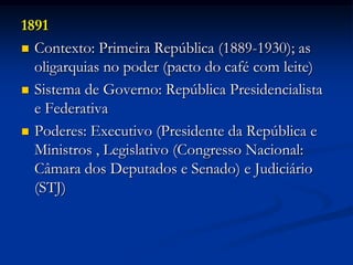 1891
 Contexto: Primeira República (1889-1930); as
oligarquias no poder (pacto do café com leite)
 Sistema de Governo: República Presidencialista
e Federativa
 Poderes: Executivo (Presidente da República e
Ministros , Legislativo (Congresso Nacional:
Câmara dos Deputados e Senado) e Judiciário
(STJ)
 
