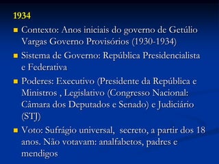1934
 Contexto: Anos iniciais do governo de Getúlio
Vargas Governo Provisórios (1930-1934)
 Sistema de Governo: República Presidencialista
e Federativa
 Poderes: Executivo (Presidente da República e
Ministros , Legislativo (Congresso Nacional:
Câmara dos Deputados e Senado) e Judiciário
(STJ)
 Voto: Sufrágio universal, secreto, a partir dos 18
anos. Não votavam: analfabetos, padres e
mendigos
 