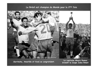 Le Brésil est champion du Monde pour la 2ème fois




                       courtesy of : Getty images -portal 2014.org.br
                                                                                  courtesy of : copadomundo.uol.com.br


                                                                         Le capitaine Mauro Ramos
Garrincha,
Garrincha, Amarildo et Vavá se congratulent.                            brandit la Coupe Jules Rimet
 
