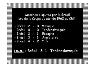Matches disputés par le Brésil
  lors de la Coupe du Monde 1962 au Chili :

- Brésil   2   -   0 Mexique
- Brésil   0   -   0 Tchécoslovaquie
- Brésil   2   -   1 Espagne
- Brésil   3   -   1 Angleterre
- Brésil   4   -   2 Chili


FINALE :   Brésil 3-1 Tchécoslovaquie
                  3-
 