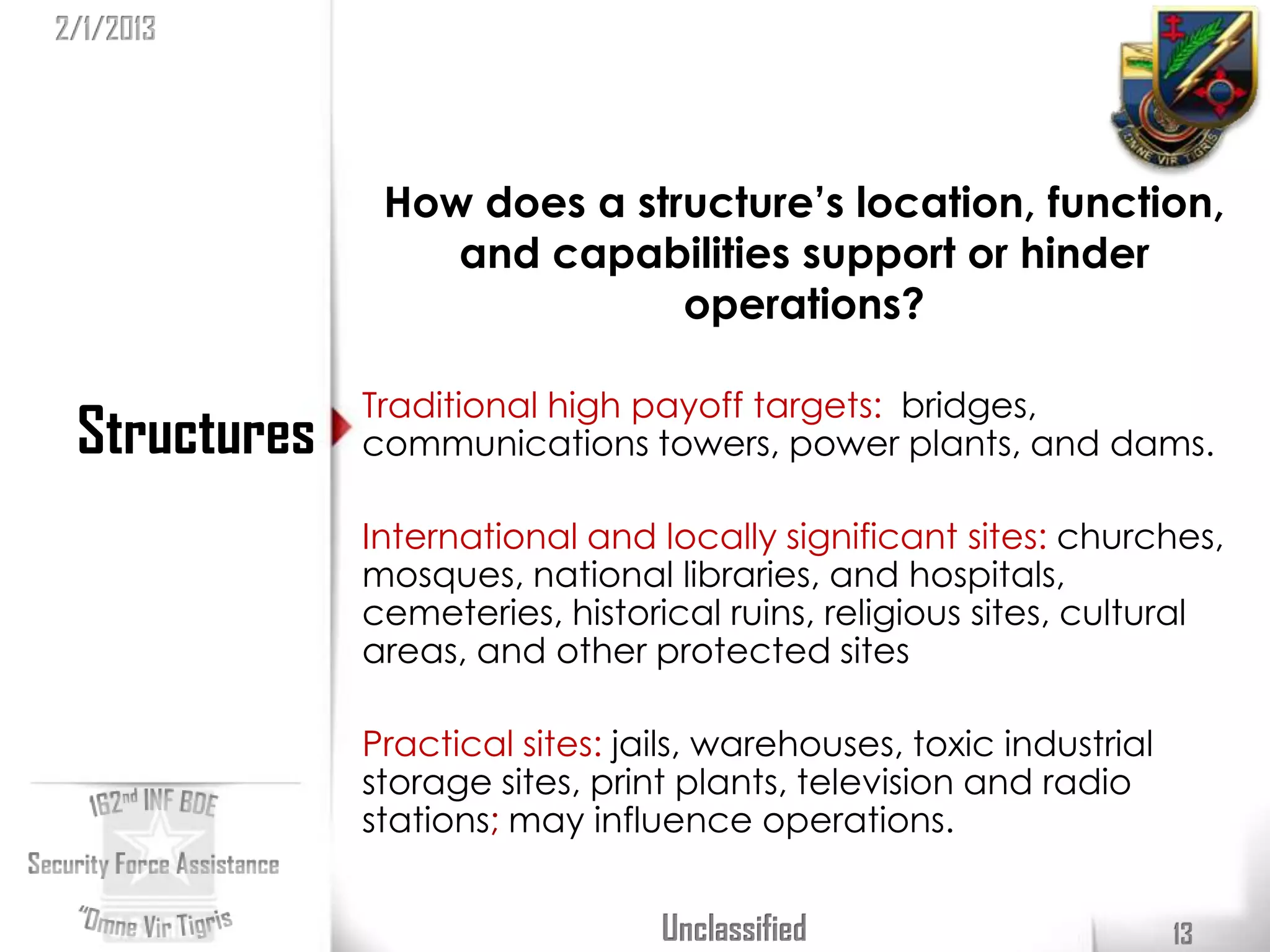 2/1/2013




               How does a structure’s location, function,
                  and capabilities support or hinder
                             operations?

              Traditional high payoff targets: bridges,
 Structures   communications towers, power plants, and dams.

              International and locally significant sites: churches,
              mosques, national libraries, and hospitals,
              cemeteries, historical ruins, religious sites, cultural
              areas, and other protected sites

              Practical sites: jails, warehouses, toxic industrial
              storage sites, print plants, television and radio
              stations; may influence operations.


                                 Unclassified                        13
 