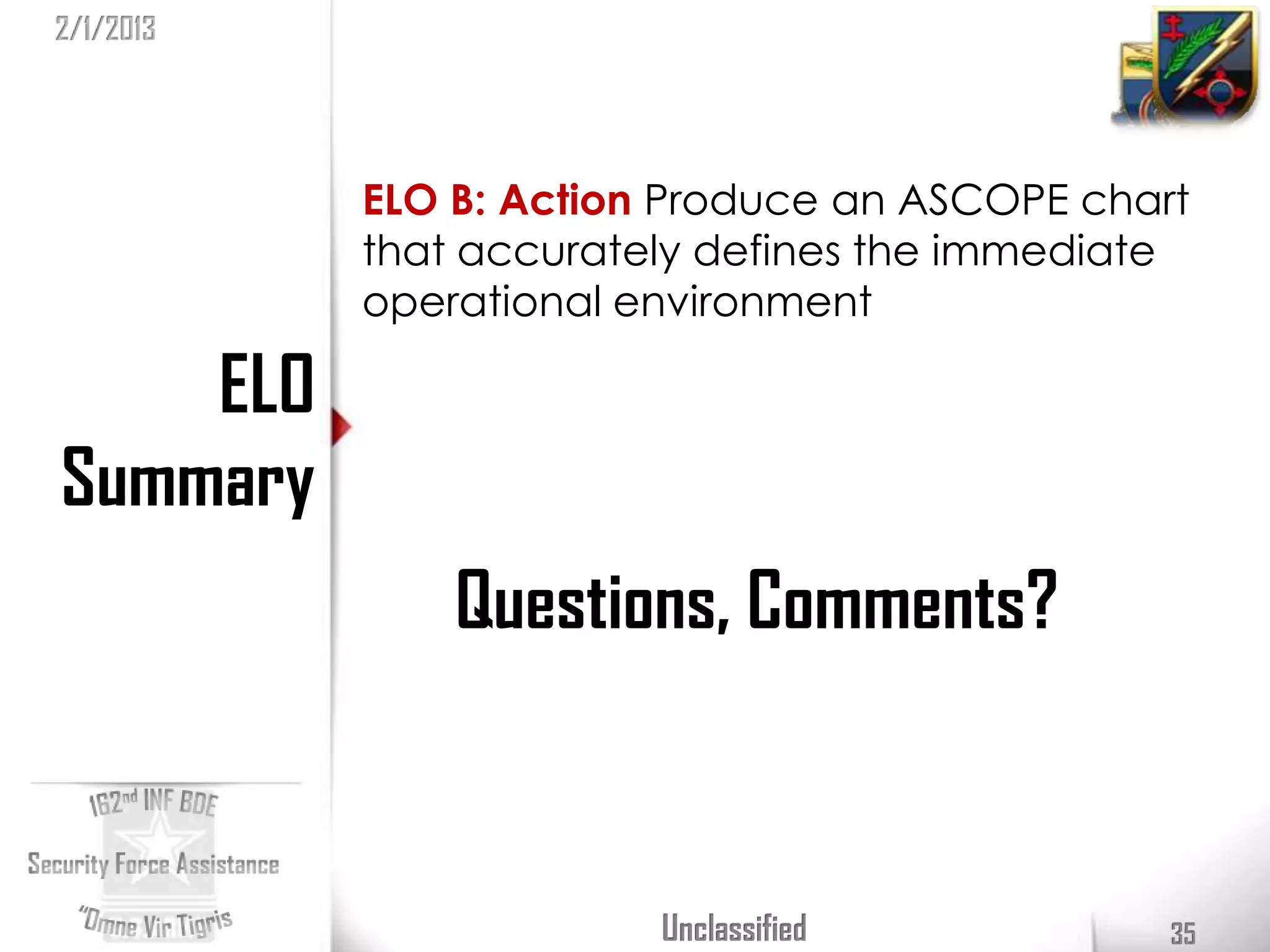 2/1/2013




           ELO B: Action Produce an ASCOPE chart
           that accurately defines the immediate
           operational environment

    ELO
Summary
               Questions, Comments?



                        Unclassified           35
 