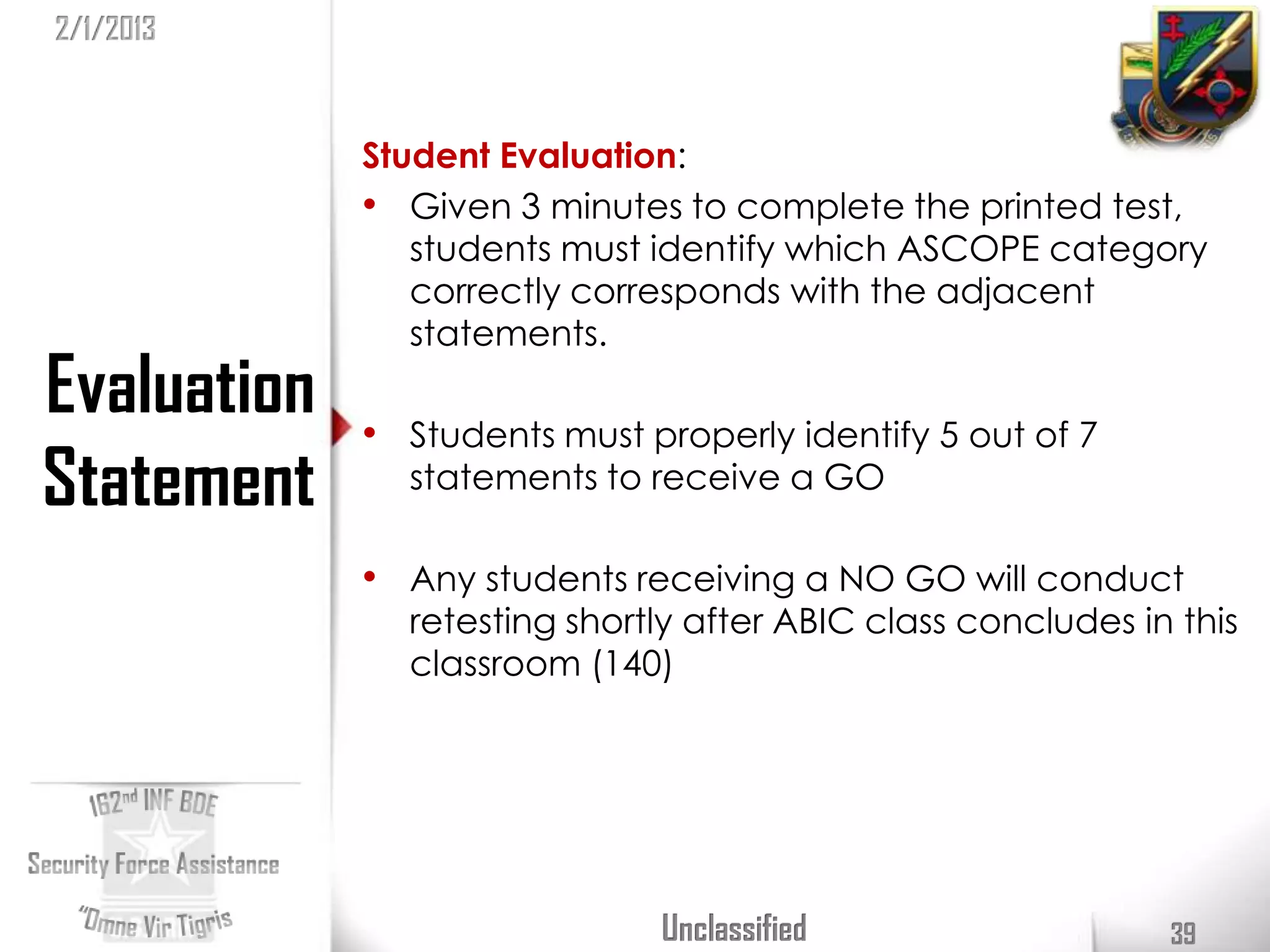 2/1/2013



             Student Evaluation:
             • Given 3 minutes to complete the printed test,
                students must identify which ASCOPE category
                correctly corresponds with the adjacent
                statements.
Evaluation   • Students must properly identify 5 out of 7
Statement      statements to receive a GO

             • Any students receiving a NO GO will conduct
               retesting shortly after ABIC class concludes in this
               classroom (140)




                              Unclassified                    39
 