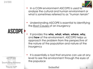 2/1/2013

            • In a COIN environment ASCOPE is used to
             analyze the cultural and human environment or...