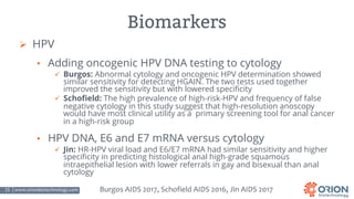 15 | www.orionbiotechnology.com Confidential
Biomarkers
Ø HPV
• Adding oncogenic HPV DNA testing to cytology
ü Burgos: Abnormal cytology and oncogenic HPV determination showed
similar sensitivity for detecting HGAIN. The two tests used together
improved the sensitivity but with lowered specificity
ü Schofield: The high prevalence of high-risk-HPV and frequency of false
negative cytology in this study suggest that high-resolution anoscopy
would have most clinical utility as a primary screening tool for anal cancer
in a high-risk group
• HPV DNA, E6 and E7 mRNA versus cytology
ü Jin: HR-HPV viral load and E6/E7 mRNA had similar sensitivity and higher
specificity in predicting histological anal high-grade squamous
intraepithelial lesion with lower referrals in gay and bisexual than anal
cytology
Burgos AIDS 2017, Schofield AIDS 2016, Jin AIDS 2017
 