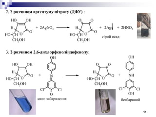 11
2. З розчином аргентуму нітрату (ДФУ) :
O
OHOH
O
CH
H
CH2
OH
OH O
OO
O
CH
H
CH2
OH
OH
+ 2AgNO3 + 2Ag + 2HNO3
сірий осад
O
OHOH
O
CH
H
CH2
OH
OH O
OO
O
CH
H
CH2
OH
OH
OH
N
O
Cl Cl
OH
NH
OH
Cl Cl
+ +
синє забарвлення безбарвний
3. З розчином 2,6-дихлорфеноліндофенолу:
 