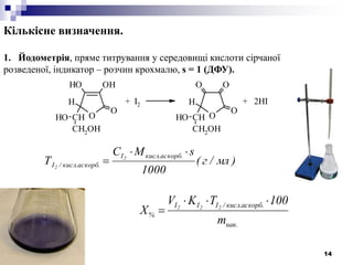 14
O
OHOH
O
CH
H
CH2
OH
OH O
OO
O
CH
H
CH2
OH
OH
+ I2 + 2HI
Кількісне визначення.
1. Йодометрія, пряме титрування у середовищі кислоти сірчаної
розведеної, індикатор – розчин крохмалю, s = 1 (ДФУ).
)мл/г(
1000
sMC
Т
.аскорб.кислI
аскорб..кисл/I
2
2


.нав
.аскорб.кисл/III
%
m
100TKV
X 222


 