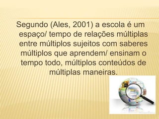 Segundo (Ales, 2001) a escola é um 
espaço/ tempo de relações múltiplas 
entre múltiplos sujeitos com saberes 
múltiplos que aprendem/ ensinam o 
tempo todo, múltiplos conteúdos de 
múltiplas maneiras. 
 
