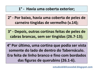 1° - Havia uma coberta exterior;
2° - Por baixo, havia uma coberta de peles de
carneiro tingidas de vermelho (v.14);
4° Por último, uma cortina que podia ser vista
somente do lado de dentro do Tabernáculo.
Era feita de linho branco e fino com bordados
das figuras de querubins (26.1-6).
3° - Depois, outras cortinas feitas de peles de
cabras brancas, sem ser tingidas (26.7-13);
 
