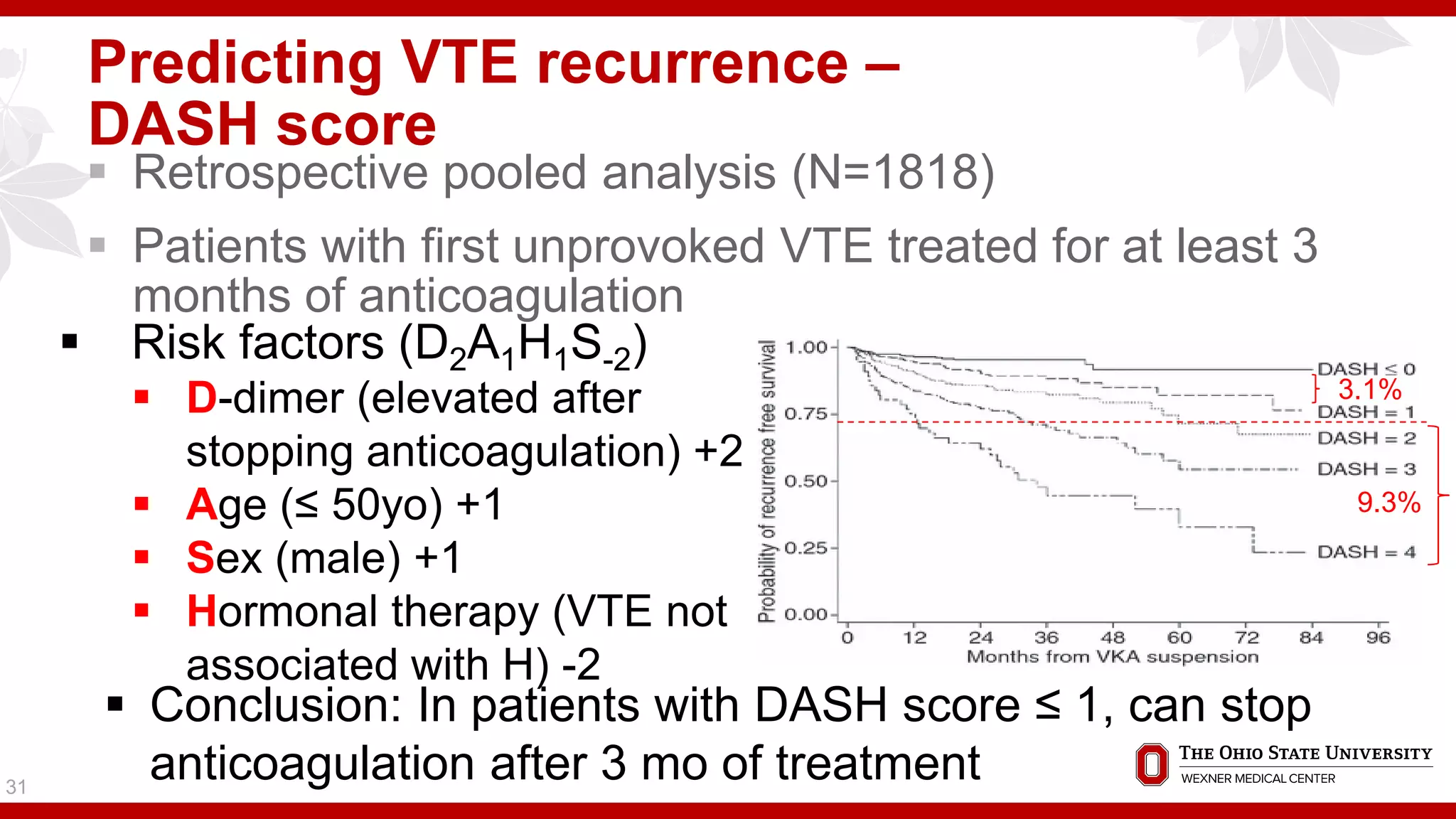 Predicting VTE recurrence –
DASH score
 Retrospective pooled analysis (N=1818)
 Patients with first unprovoked VTE treated for at least 3
months of anticoagulation
31
 Risk factors (D2A1H1S-2)
 D-dimer (elevated after
stopping anticoagulation) +2
 Age (≤ 50yo) +1
 Sex (male) +1
 Hormonal therapy (VTE not
associated with H) -2
3.1%
9.3%
 Conclusion: In patients with DASH score ≤ 1, can stop
anticoagulation after 3 mo of treatment
 