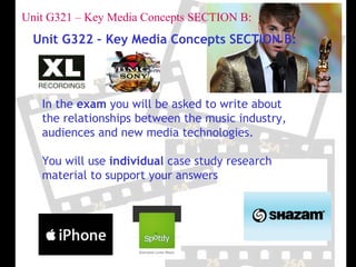 Unit G321 – Key Media Concepts SECTION B:
 Unit G322 – Key Media Concepts SECTION B:




   In the exam you will be asked to write about
   the relationships between the music industry,
   audiences and new media technologies.

   You will use individual case study research
   material to support your answers
 
