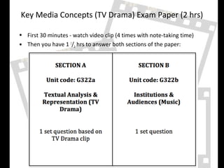 Key Media Concepts (TV Drama) Exam Paper (2 hrs)

• First 30 minutes - watch video clip (4 times with note-taking time)
• Then you have 1 1/2 hrs to answer both sections of the paper:
 