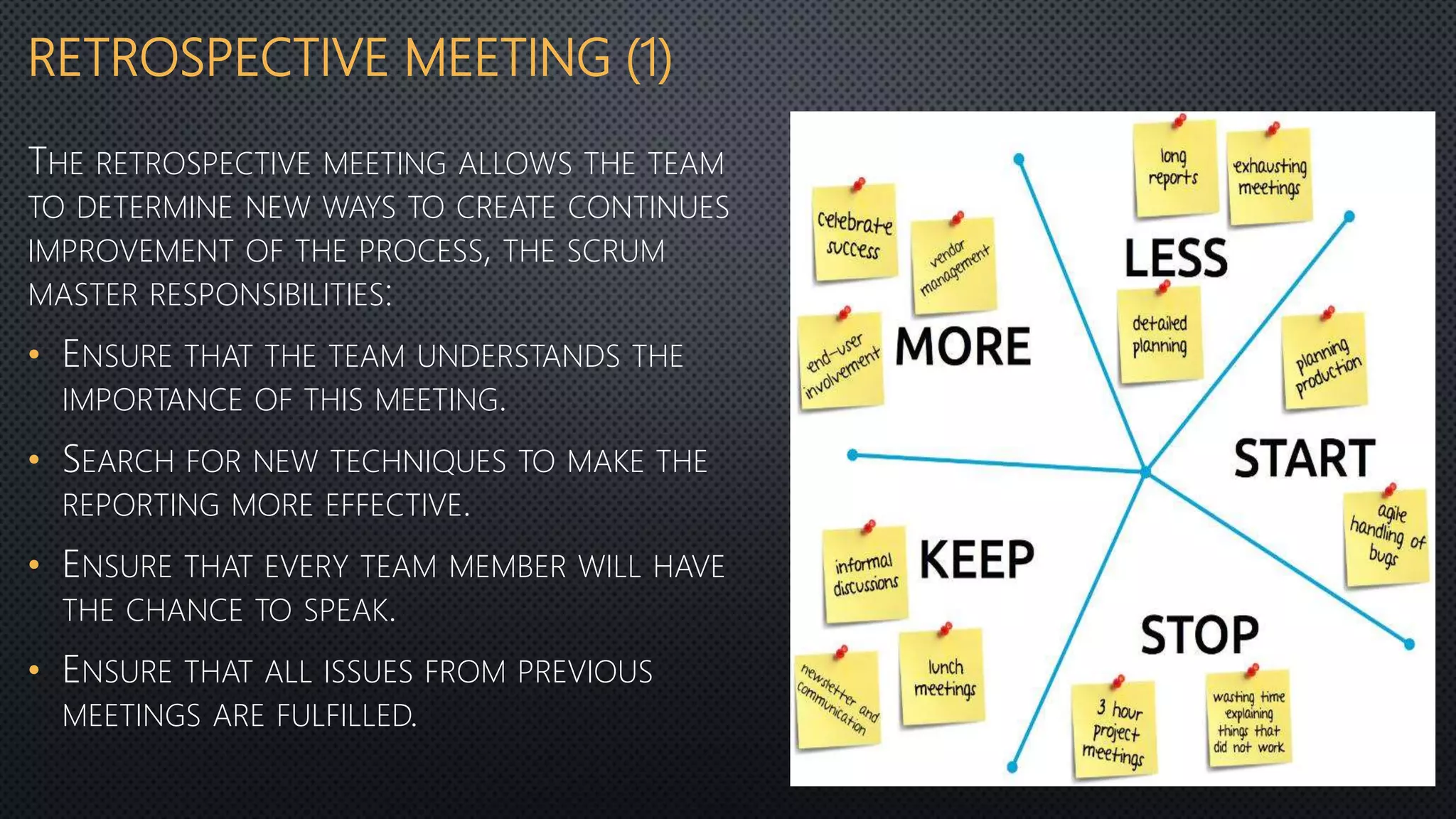 RETROSPECTIVE MEETING (1)
THE RETROSPECTIVE MEETING ALLOWS THE TEAM
TO DETERMINE NEW WAYS TO CREATE CONTINUES
IMPROVEMENT OF THE PROCESS, THE SCRUM
MASTER RESPONSIBILITIES:
• ENSURE THAT THE TEAM UNDERSTANDS THE
IMPORTANCE OF THIS MEETING.
• SEARCH FOR NEW TECHNIQUES TO MAKE THE
REPORTING MORE EFFECTIVE.
• ENSURE THAT EVERY TEAM MEMBER WILL HAVE
THE CHANCE TO SPEAK.
• ENSURE THAT ALL ISSUES FROM PREVIOUS
MEETINGS ARE FULFILLED.
 
