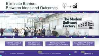 2 COPYRIGHT  ©  2017  CA.  ALL  RIGHTS  RESERVED#CAWORLD #NOBARRIERS
Eliminate  Barriers  
Between  Ideas  and  Outcomes
CREATE  AN  AGILE  
BUSINESS
BUILD  BETTER      
APPS  FASTER
MAKE  SECURITY  A  
COMPETITIVE  ADVANTAGE
MAXIMIZE  APPLICATION  
PERFORMANCE
 