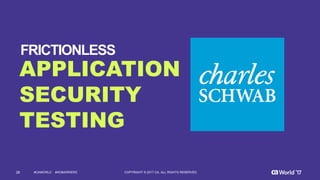 26 COPYRIGHT  ©  2017  CA.  ALL  RIGHTS  RESERVED#CAWORLD #NOBARRIERS
APPLICATION
SECURITY
TESTING
FRICTIONLESS  
 