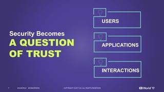 7 COPYRIGHT  ©  2017  CA.  ALL  RIGHTS  RESERVED#CAWORLD #NOBARRIERS
A QUESTION
OF TRUST
USERS
INTERACTIONS
APPLICATIONS
Security  Becomes
 