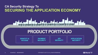 9 COPYRIGHT  ©  2017  CA.  ALL  RIGHTS  RESERVED#CAWORLD #NOBARRIERS
IDENTITY  &
ACCESS  
APPLICATION
SECURITY
API
SECRUITY
PAYMENT
SECURITY
PRODUCT  PORTFOLIO
CA  Security  Strategy  To  
SECURING  THE  APPLICATION  ECONOMY
 