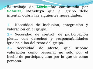 El trabajo de Lewin fue continuado por 
Schultz, Concluyó que el grupo debe 
intentar cubrir las siguientes necesidades: 
1.- Necesidad de inclusión, integración y 
valoración en el grupo. 
2.- Necesidad de control, de participación 
plena, con derechos y responsabilidades 
iguales a las del resto del grupo. 
3.- Necesidad de afecto, que supone 
valoración como persona, no sólo por el 
hecho de participar, sino por lo que es como 
persona. 
 