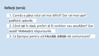 Reflecții (temă)
1. Care ț
i s-a părut rolul cel mai dificil? Dar cel mai ușor?
Justifică-ți opțiunile.
2. Când ești în clasă, preferi s
ă fii vorbitor sau ascultător? Dar
acasă? Motivează-ți răspunsurile.
3. Ce î
țipropui pentru a-ț
i îmbunătăți abilitățile de comunicare?
 
