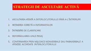 STRATEGII DE ASCULTARE ACTIVĂ
1. ASCULTAREA ATENTĂ A INTERLOCUTORULUI FĂRĂ A-L ÎNTRERUPE
2. REȚINEREA CORECTĂ A INFORMAȚIILOR
3. ÎNTREBĂRI DE CLARIFICARE
4. REFORMULAREA UNUI PASAJ
5. CONFIRMAREA PRIN MIJLOACE NONVERBALE SAU PARAVERBALE A
ATENȚIEI ACORDATE INTERLOCUTORULUI
 