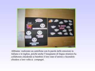 Abbiamo realizzato un cartellone con le parole delle emozioni in
italiano e in inglese, poiché anche l’insegnante di lingua straniera ha
collaborato chiedendo ai bambini il loro stato d’animo e facendolo
chiedere a loro volta ai compagni.
 