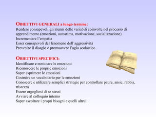 OBIETTIVI GENERALI a lungo termine:
Rendere consapevoli gli alunni delle variabili coinvolte nel processo di
apprendimento (emozioni, autostima, motivazione, socializzazione)
Incrementare l’empatia
Esser consapevoli del fenomeno dell’aggressività
Prevenire il disagio e promuovere l’agio scolastico
OBIETTIVI SPECIFICI:
Identificare e nominare le emozioni
Riconoscere le proprie emozioni
Saper esprimere le emozioni
Costruire un vocabolario per le emozioni
Conoscere e utilizzare semplici strategie per controllare paure, ansie, rabbia,
tristezza
Essere orgogliosi di se stessi
Avviare al colloquio interno
Saper ascoltare i propri bisogni e quelli altrui.
 