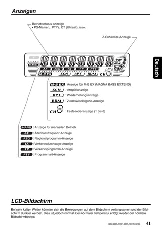 Anzeigen

              Betriebsstatus-Anzeige
              • PS-Namen, PTYs, CT (Uhrzeit), usw.


                                                                 Z-Enhancer-Anzeige




                                                                                                    Deutsch
                                       : Anzeige für M-B EX (MAGNA BASS EXTEND)
                                       : Anspielanzeige
                                       : Wiederholungsanzeige
                                       : Zufallswiedergabe-Anzeige


                                       : Festsenderanzeige (1 bis 6)




               : Anzeige für manuellen Betrieb
               : Alternativfrequenz-Anzeige
               : Regionalprogramm-Anzeige
               : Verkehrsdurchsage-Anzeige
               : Verkehrsprogramm-Anzeige
               : Programmart-Anzeige




LCD-Bildschirm
Bei sehr kalten Wetter könnten sich die Bewegungen auf dem Bildschirm verlangsamen und der Bild-
schirm dunkler werden. Dies ist jedoch normal. Bei normaler Temperatur erfolgt wieder der normale
Bildschirmbetrieb.

                                                                       DB248R/DB148R/BD149RG   41
 