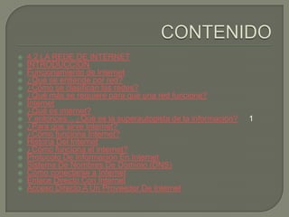CONTENIDO4.2 LA REDE DE INTERNETINTRODUCCIONFuncionamiento de Internet¿Qué se entiende por red?¿Cómo se clasifican las redes?¿Qué más se requiere para que una red funcione?Internet¿Qué es internet?Y entonces... ¿Qué es la superautopista de la información?1¿Para que sirve Internet?¿Cómo funciona Internet?Historia Del Internet¿Cómo funciona el internet?Protocolo De Información En InternetSistema De Nombres De Dominio (DNS)Cómo conectarse a InternetEnlace Directo Con InternetAcceso Directo A Un Proveedor De Internet
